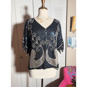Vintage Sequined Blouse Size M 80's Showstopper Iridescent Mermaid Style Top